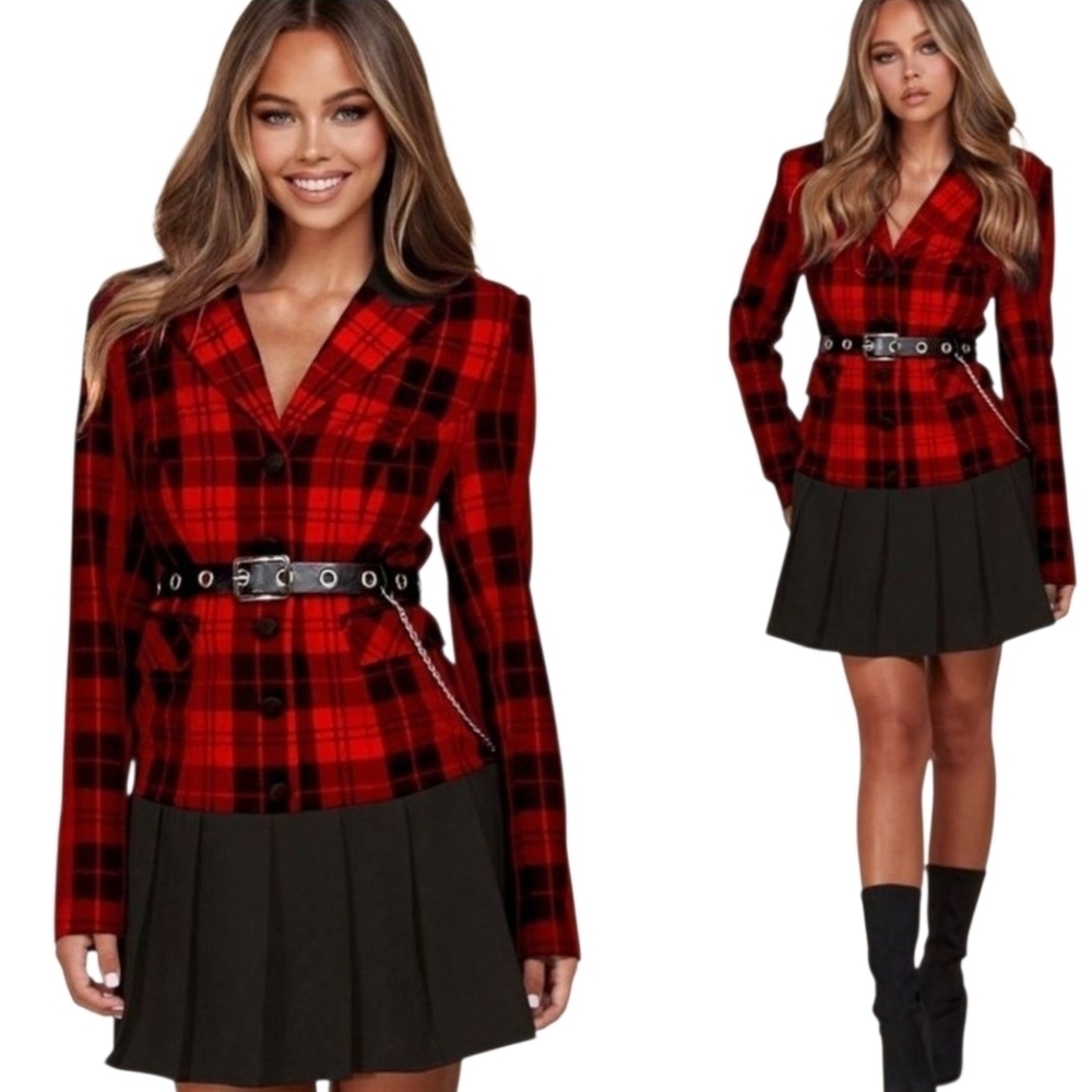 Red Plaid Blazer Dress 2 Piece Illusion Pleated Mini Skirt Grunge Goth